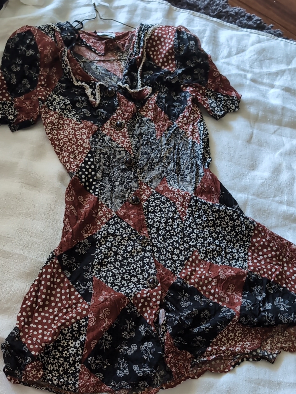 Patchwork Button-Front Mini Dress in Black & Rust